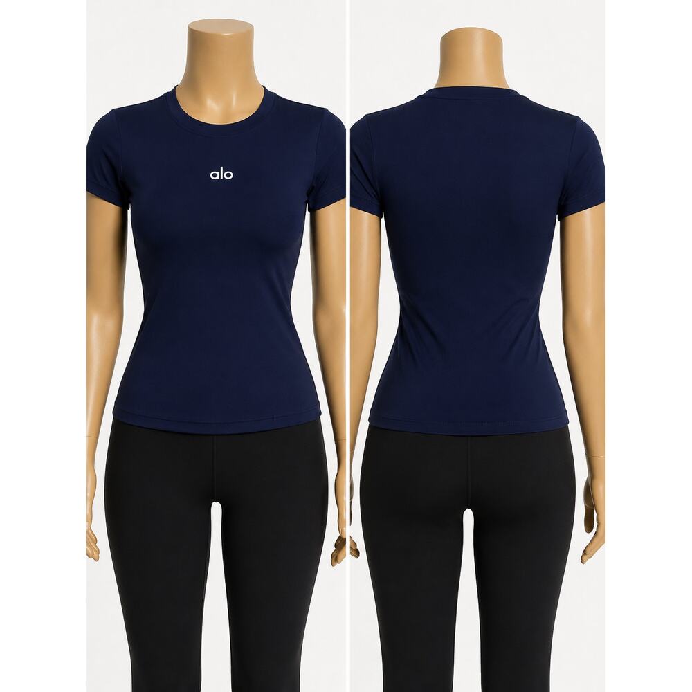 Women's Fitted Short Sleeve Athletic T-Shirt Navy Stretch Activewear Top - Picture 5 of 6